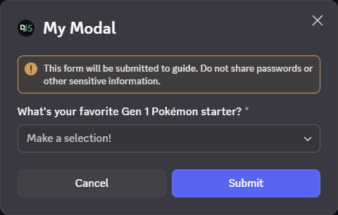 example of string select menu in a modal
