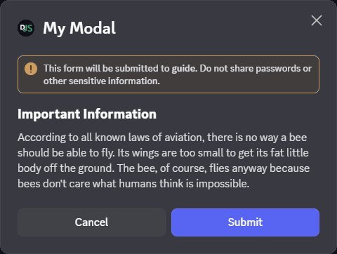 Modal with on text display example